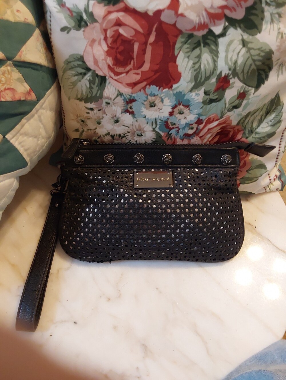 NWOT Betsey Johnson Leather Wristlet, Black Roses Trim, Detachable Strap